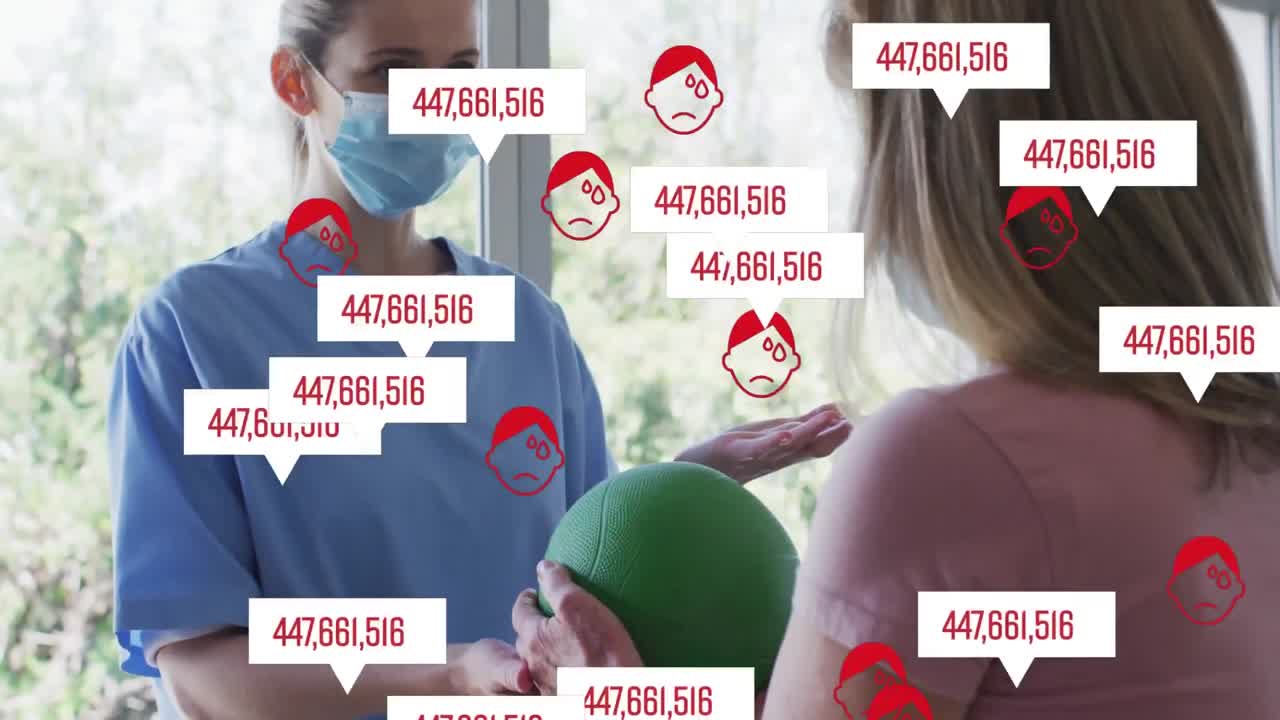 анимация чисел и иконок над кавказской пожилой женщиной и медсестрой в масках для лица упражняются