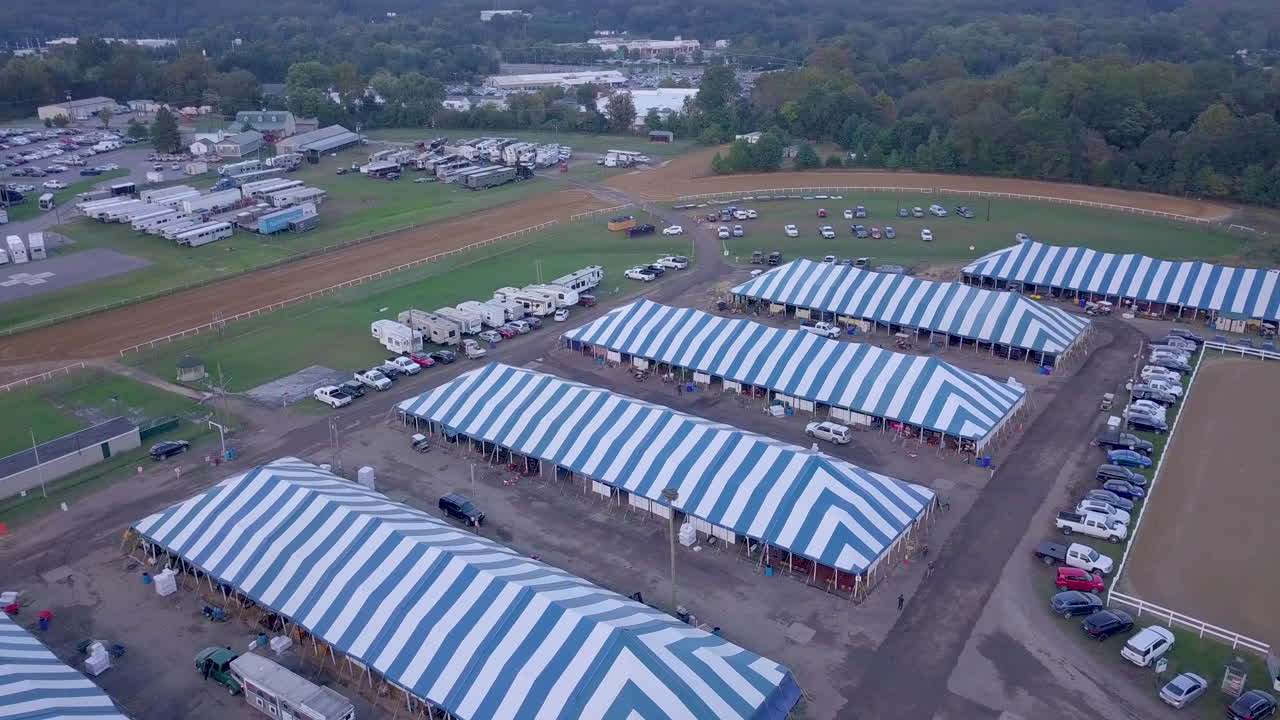 Aerial footage of a show jumping course at an equestrian park in Maryland during a large horse show.