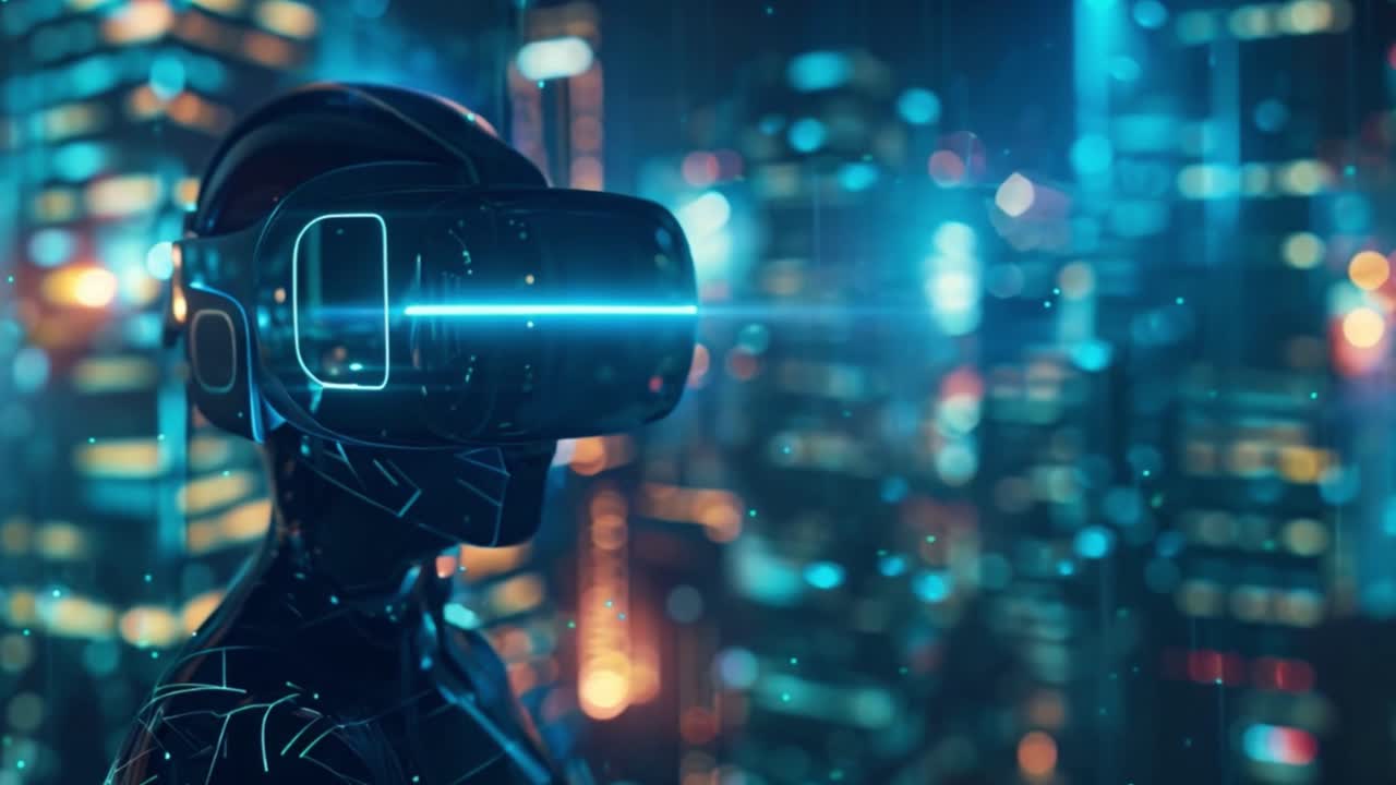 Person wearing a VR headset in a futuristic city