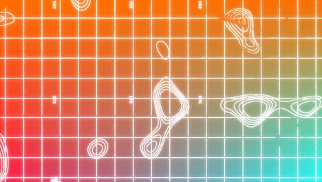 animation of white lines moving over a white grid in an orange, blue and pink background