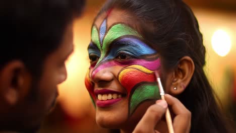 a beauty in transformation: capturing the joyful moment of face painting with vibrant colors and lively smiles