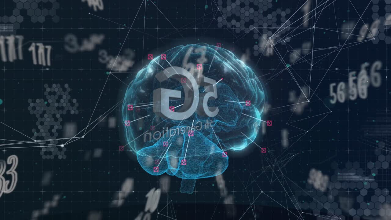 5gテキストのアニメーション ⁇ 背景に輝く人間の脳の上で数字が変化する
