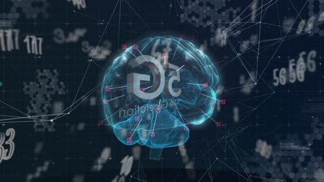 animación de texto 5g, números cambiando sobre el cerebro humano brillante en el fondo