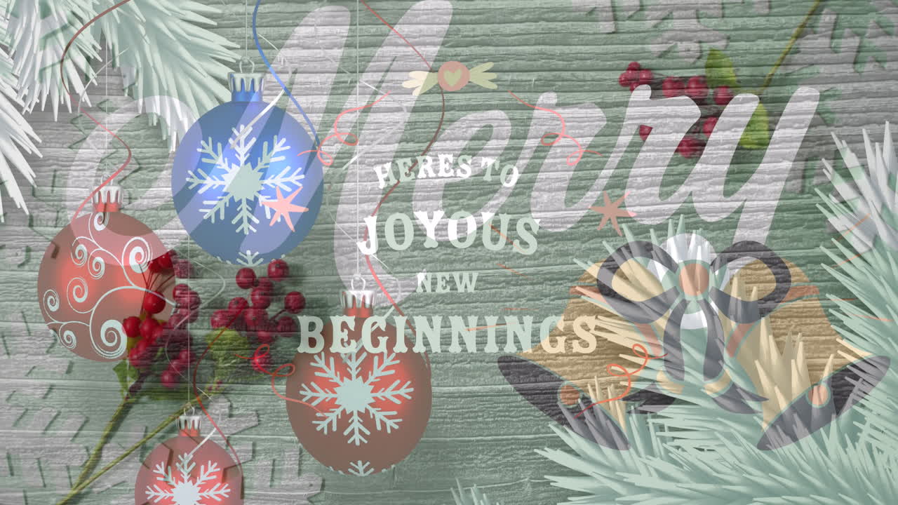 animación del texto de feliz navidad sobre las bolas de navidad