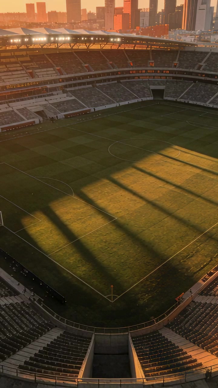 Video verticale: Ripresa aerea panoramica che cattura il campo dello stadio mentre il sole tramonta, i riflettori si accendono