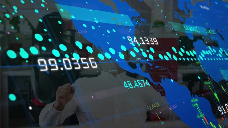 Phone call starting and feeding overlays sweeping across screen, analyst tracking market data