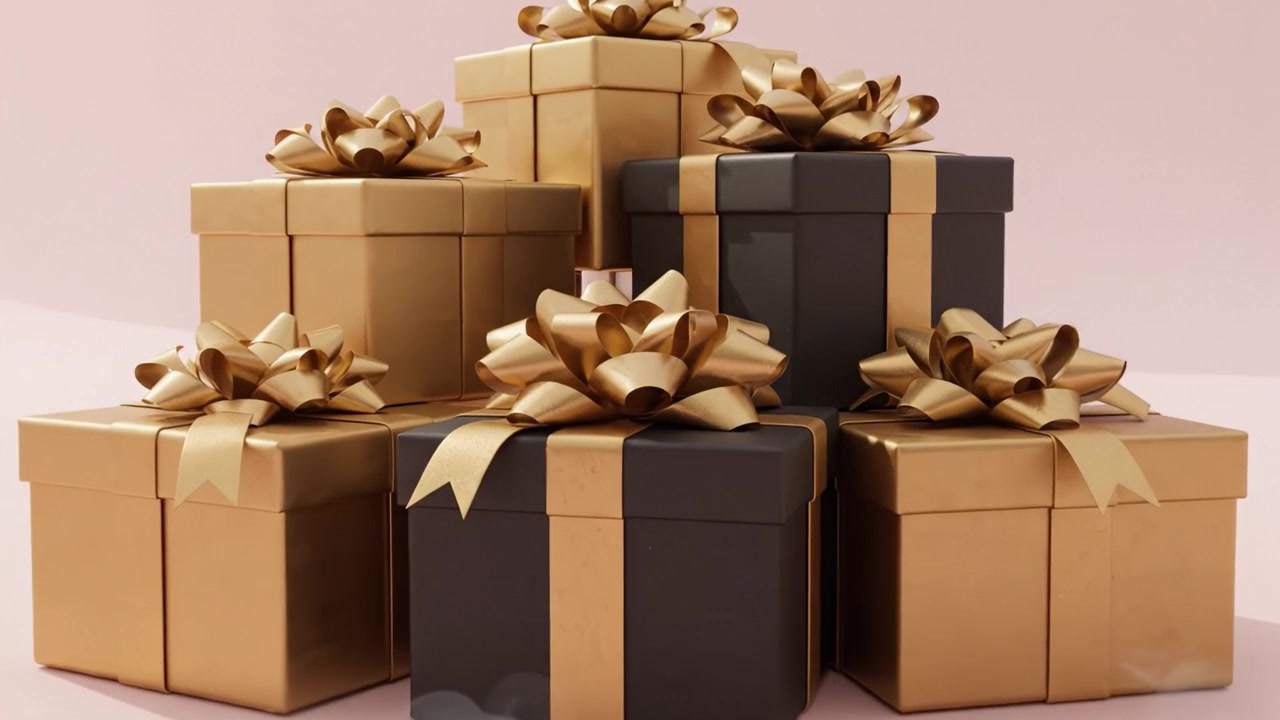 Una splendida esposizione di eleganti scatole regalo con fiocchi dorati impilate su uno sfondo rosa tenue, perfette per celebrazioni e occasioni speciali.