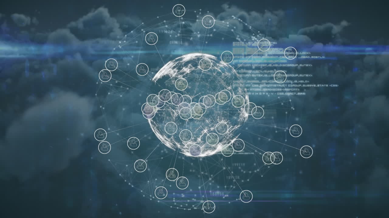 Animation of spinning globe, data processing and blue light trails against clouds in the sky