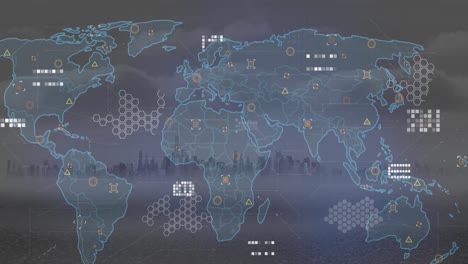 Animación-Del-Mapa-Mundial-Y-Procesamiento-De-Datos-Frente-A-La-Vista-Aérea-Del-Paisaje-Urbano