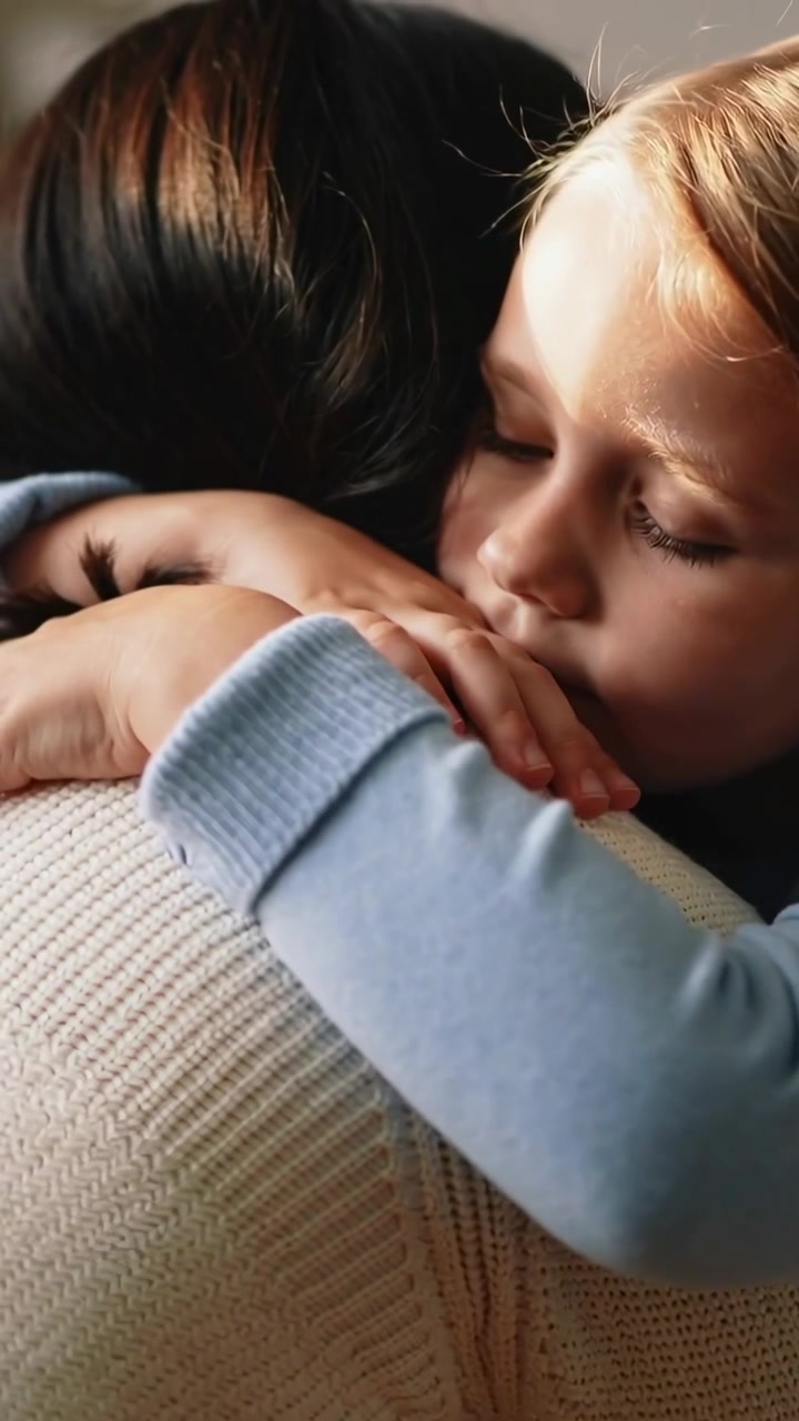 Video verticale: Madre e figlio che si abbracciano, il bambino cerca conforto, appoggiato su un maglione color crema a casa.