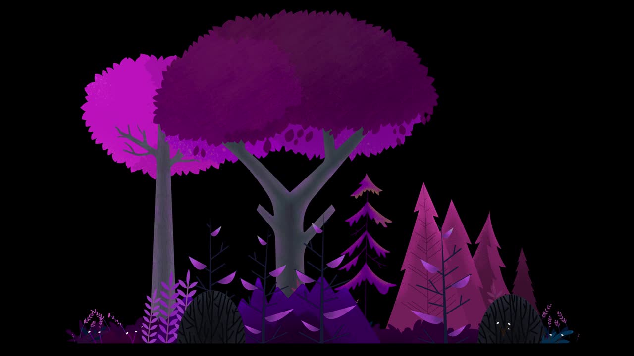Seamless loop. Group of trees, bushes and grass swinging in wind. Purple and pink misty night.