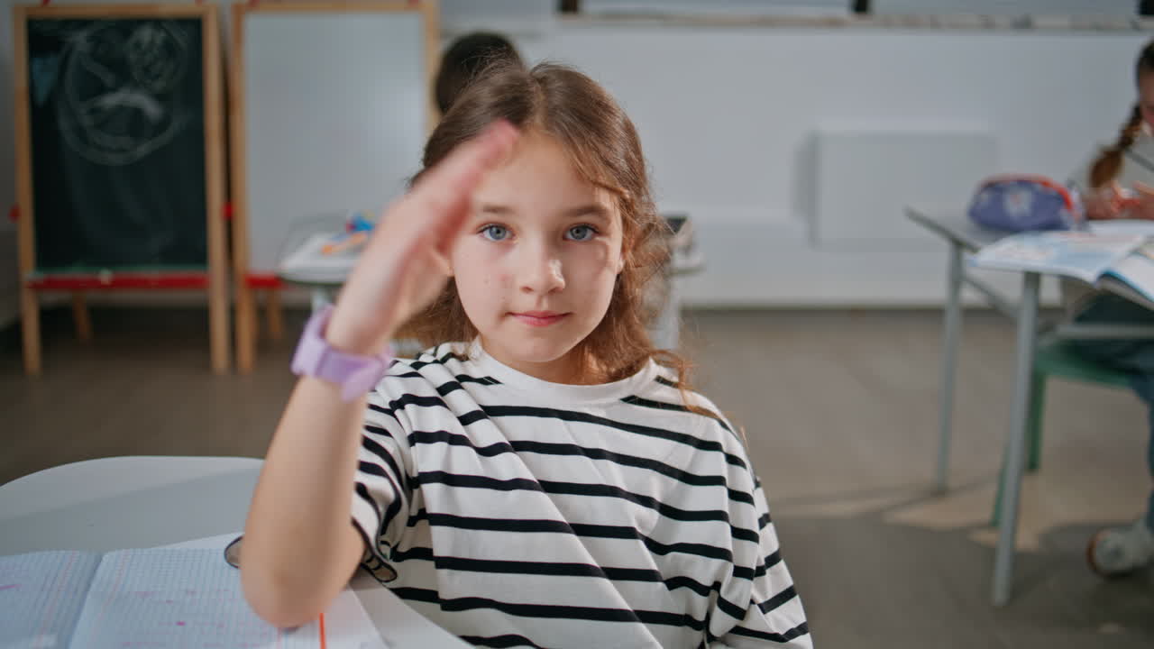 Portrait serious pupil girl looking camera at school. Smart kid sitting class