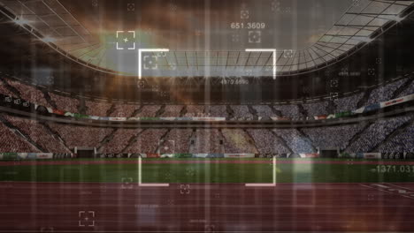 animation of multiple changing numbers and scope scanning over sports stadium