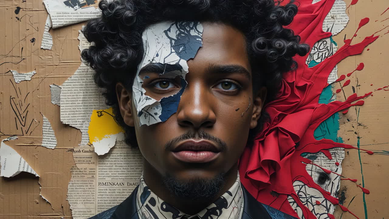 Surreal Portrait of a Man with Shattered Face and Mixed Media Background