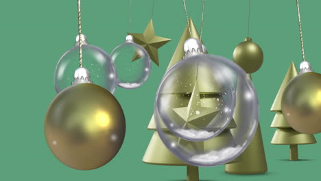 animación de baubles sobre decoraciones navideñas en fondo verde.