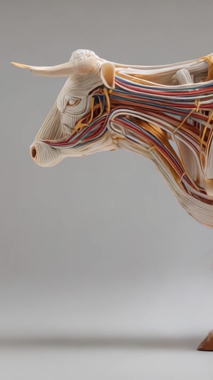 Una Splendida Rappresentazione Artistica dell'Anatomia di una Mucca con Dettagli Intricati delle Strutture Muscolari e Vasi Vivacemente Colorati in una Posa Accattivante