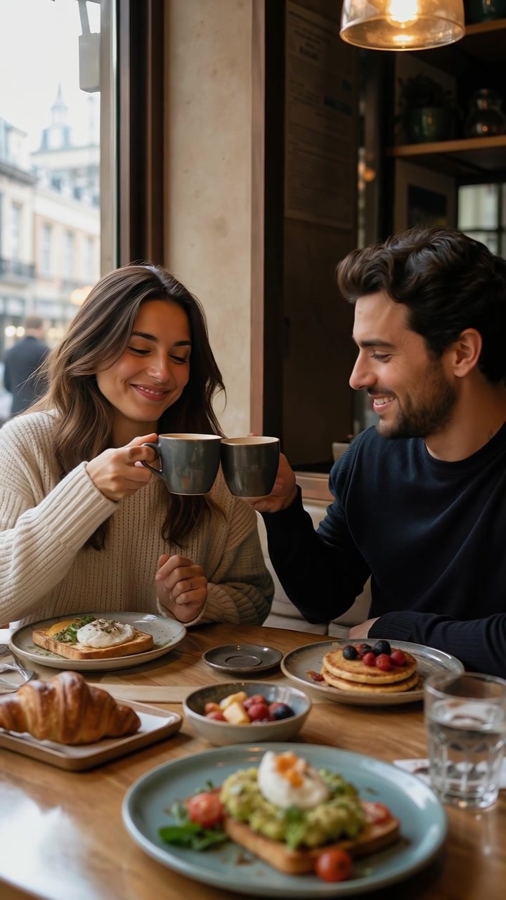 Felice giovane coppia che parla e ride insieme a colazione in un caffè