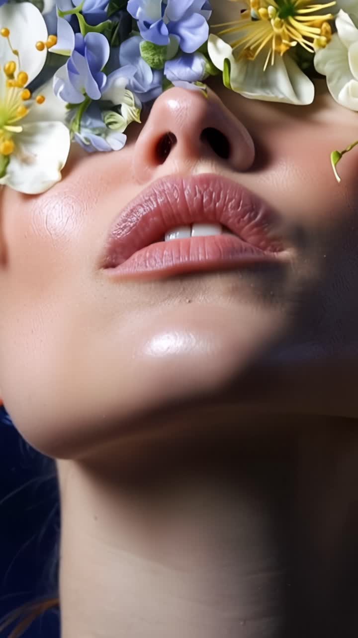 A close-up of a woman's face adorned with a vibrant arrangement of flowers, creating an artistic fusion of natural beauty and ethereal elegance, emphasizing skin texture