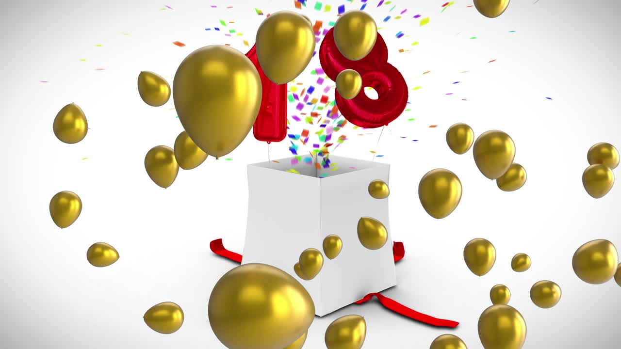 animación de globos de oro sobre la apertura de una caja de regalos blanca que libera confeti colorido y el número 18