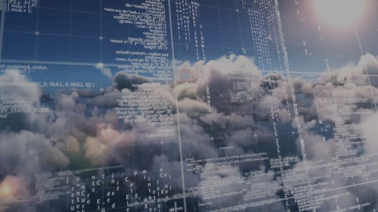 Animation of data processing over sky with clouds