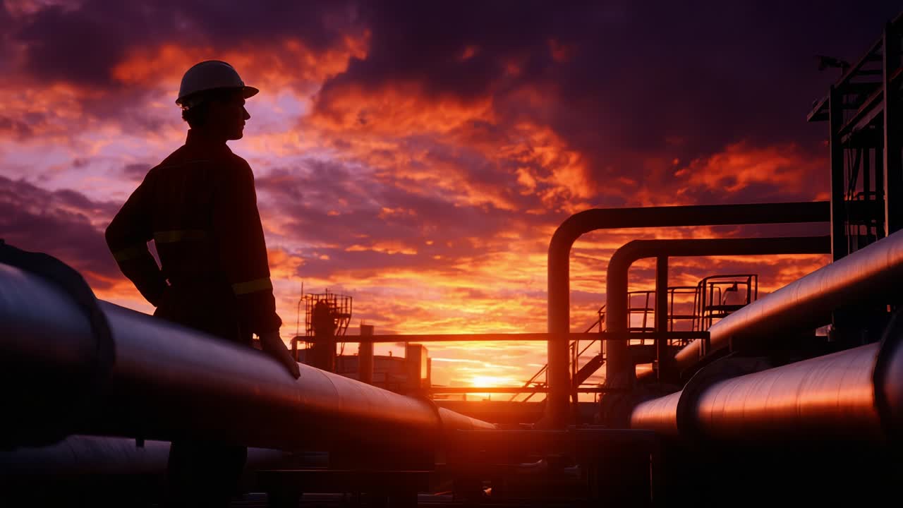 A silhouette of a worker in a hard hat stands against a stunning sunset backdrop, surrounded by industrial pipes and structures, symbolizing the intersection of human labor and nature's beauty in a vibrant evening sky