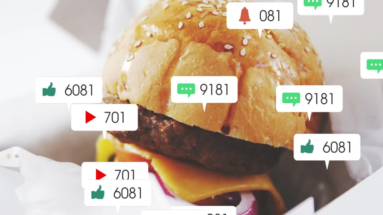 Notifications appearing on sesame burger, floating up and obscuring bun, showing social attention