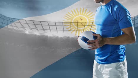 Jugador-De-Voleibol-Argentino-Y-Bandera-En-El-Fondo-Del-Estadio