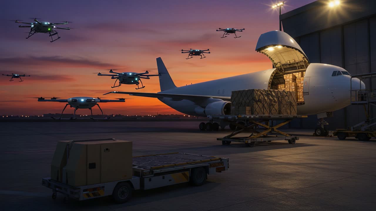 Aerial Drones Deploying Cargo at Dusk: An Innovative Delivery Approach as Drones Assist in Unloading Cargo from an Aircraft in a Stunning Twilight Sky