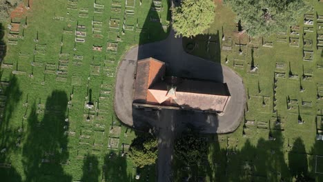 top view of chapel over sunny graveyards of wymondham cemetery, wymondham, norfolk, england, uk