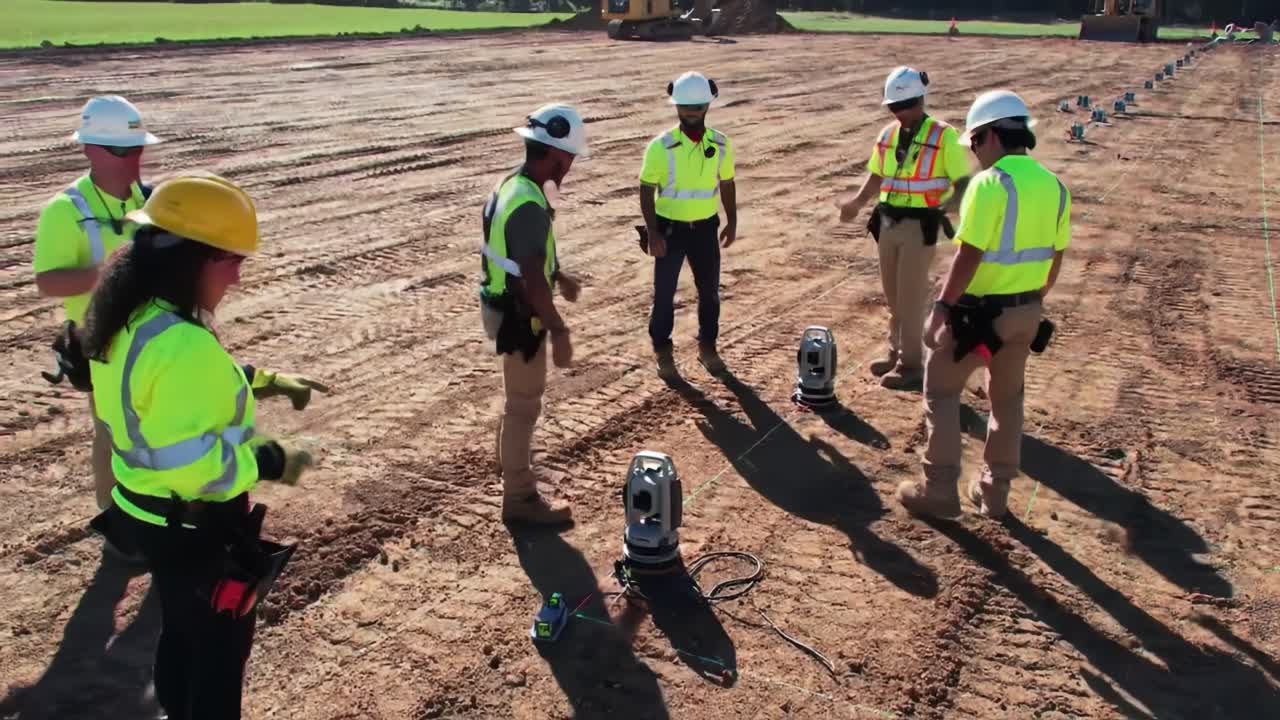A crew of construction workers gathers on a prepared site during the afternoon, discussing tasks while using surveying equipment. They wear safety gear and focus on the project ahead.