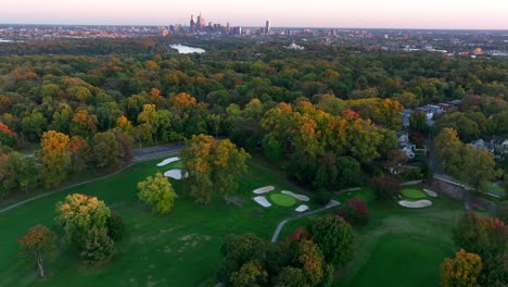 american golf course in autumn sunset