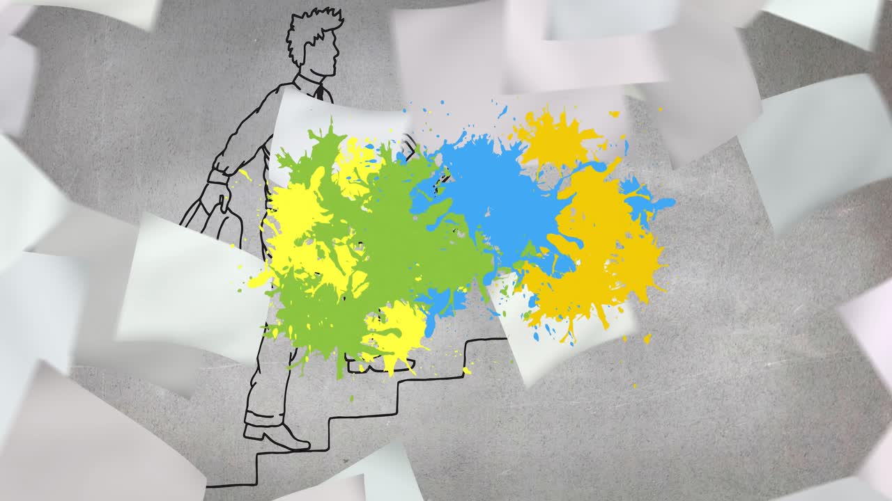 다채로운 페인트 얼룩 배너와 복사 공간 사업가 아이콘 등반 계단