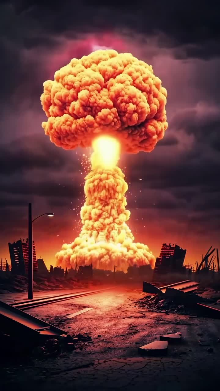 Dramatisches Video aus niedriger Perspektive von einer feurigen Explosion in einer postapokalyptischen Landschaft bei Sonnenuntergang.