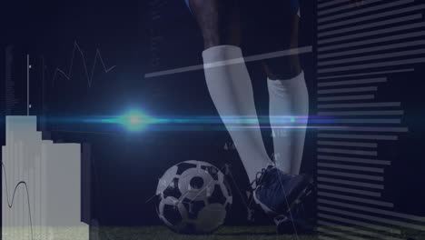 holding soccer ball, player with animation of data visualization on dark background
