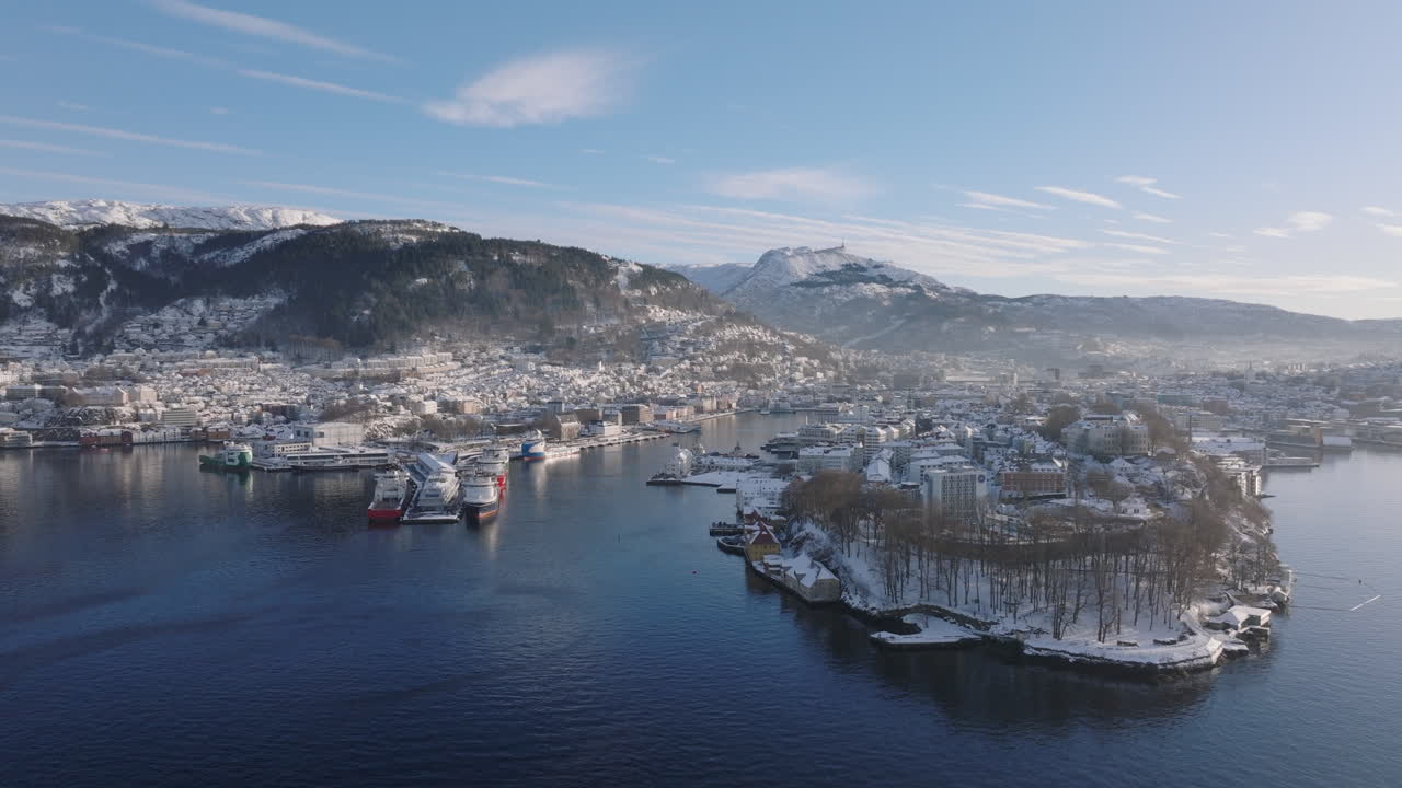 Aerial shot of the waterfront and downtown Bergen, Norway on a beautiful winter day
