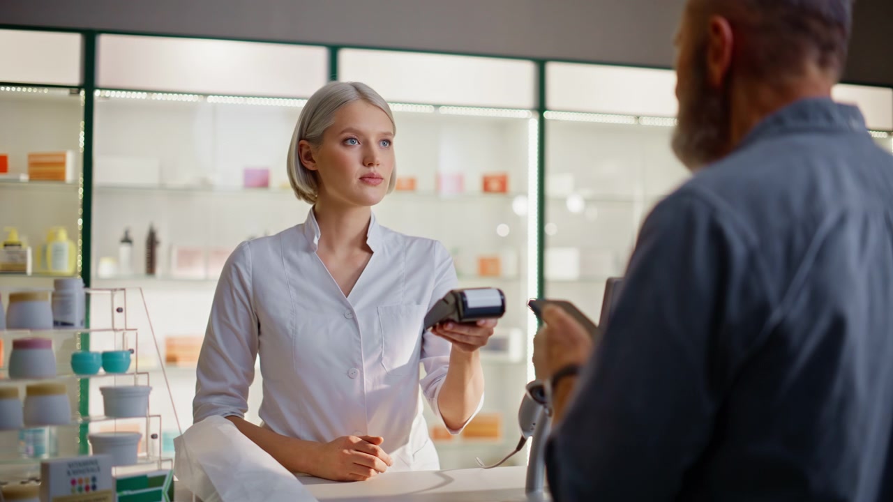 Ung farmaceut pakker medicinbestilling og arbejder ved kassen i solrig butik, nærbillede.