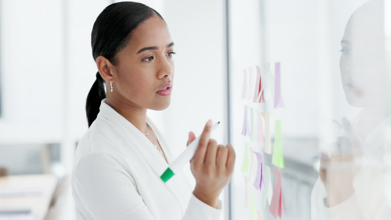 Glass, planning and writing with a business woman