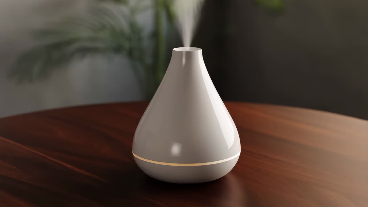 A white essential oil diffuser emitting mist on a wooden table