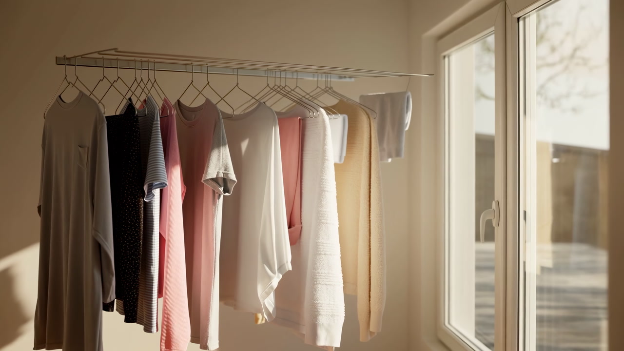 Sunlit Clothes Hanging On Rack Soft Pastel Garments Draped Near Window, Warm Golden Light Casting Shadows