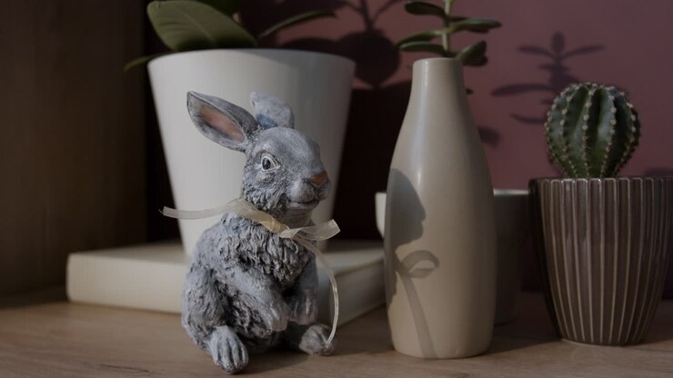 Easter Rabbit Decor with Plants and Vases on a Wooden Shelf
