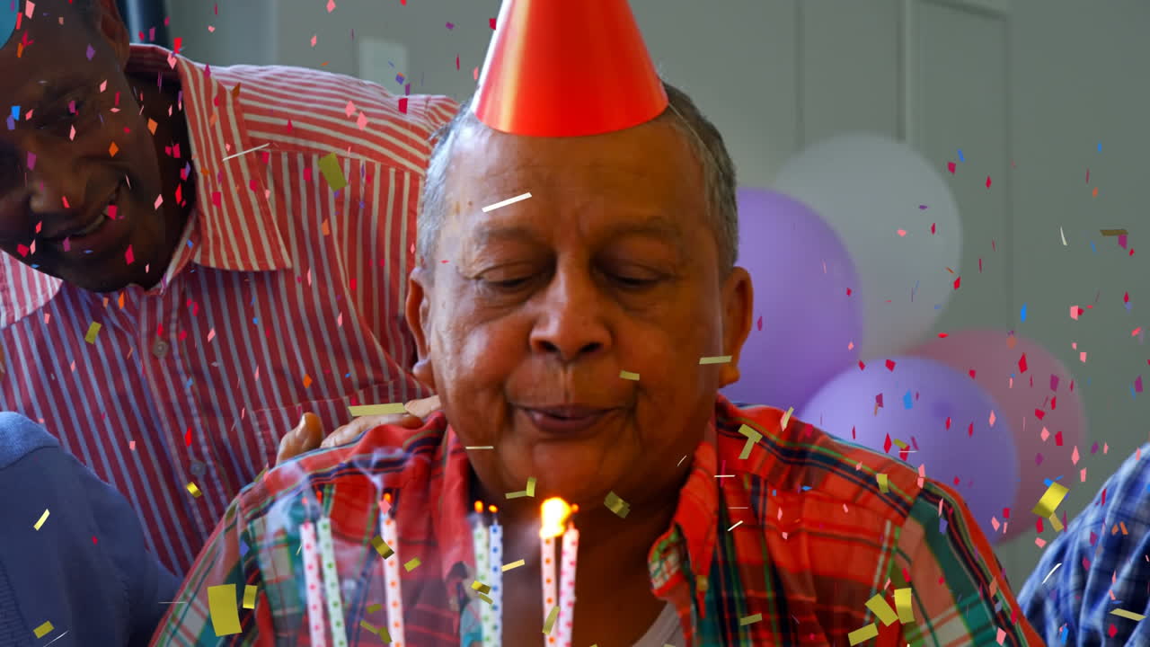 파티에서 노인들에 대한 다채로운 콘페티의 애니메이션