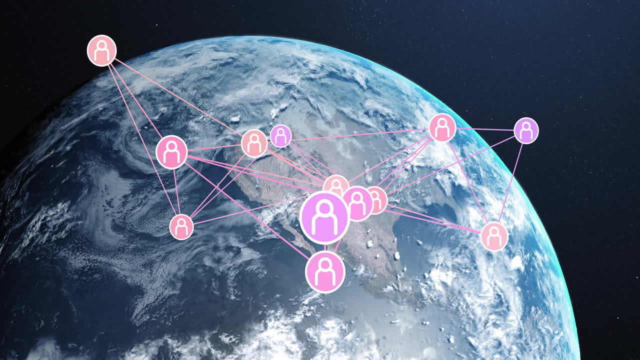 Animation of connected user icons over Earth from space, illustrating global network