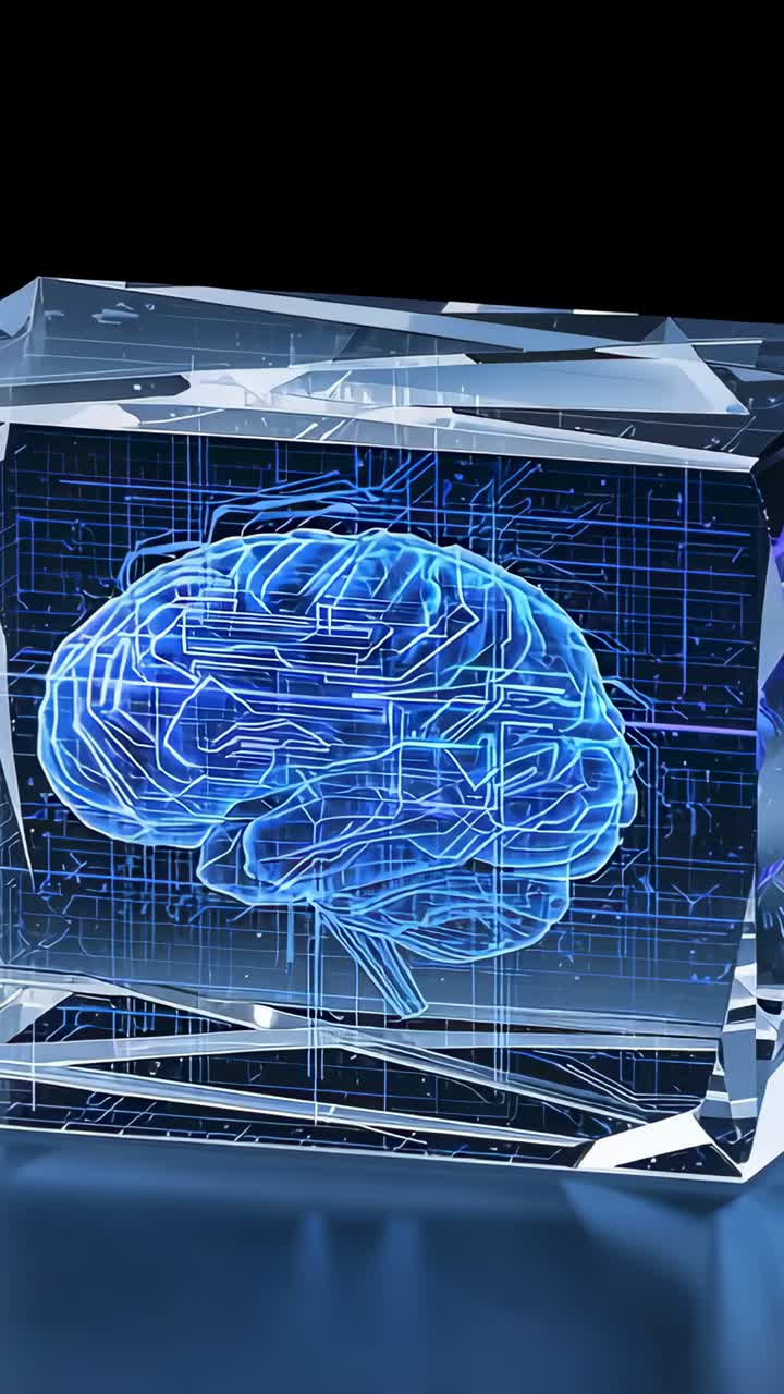 Vertical video: Zooming camera bringing neon brain inside glass block on base with grid for framing