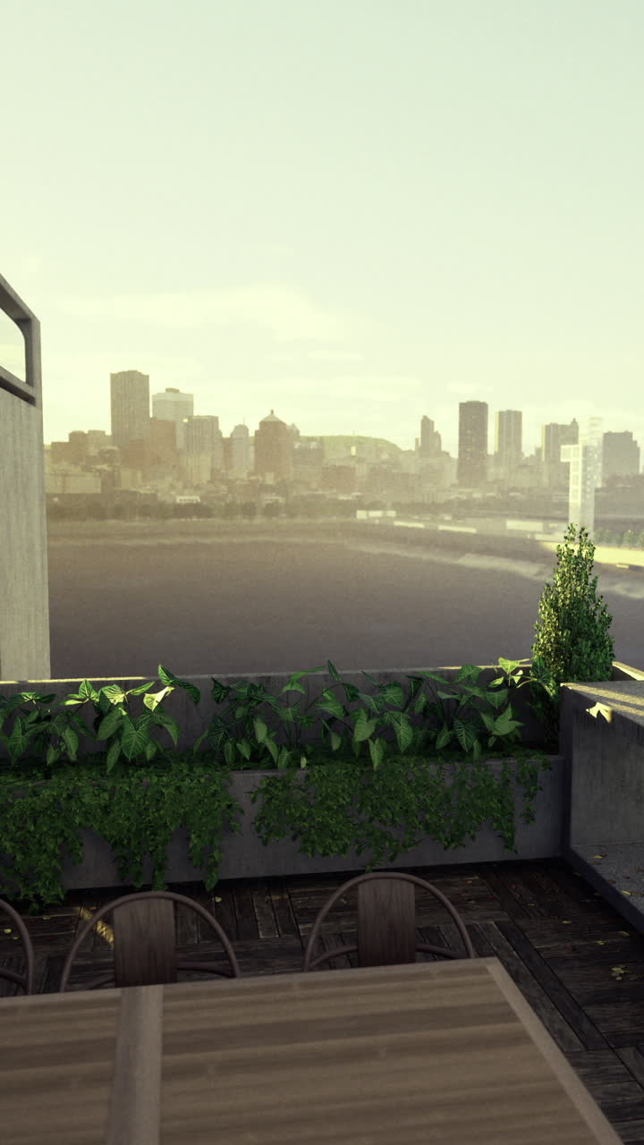 Stylish balcony view of urban skyline with lush greenery at sunset