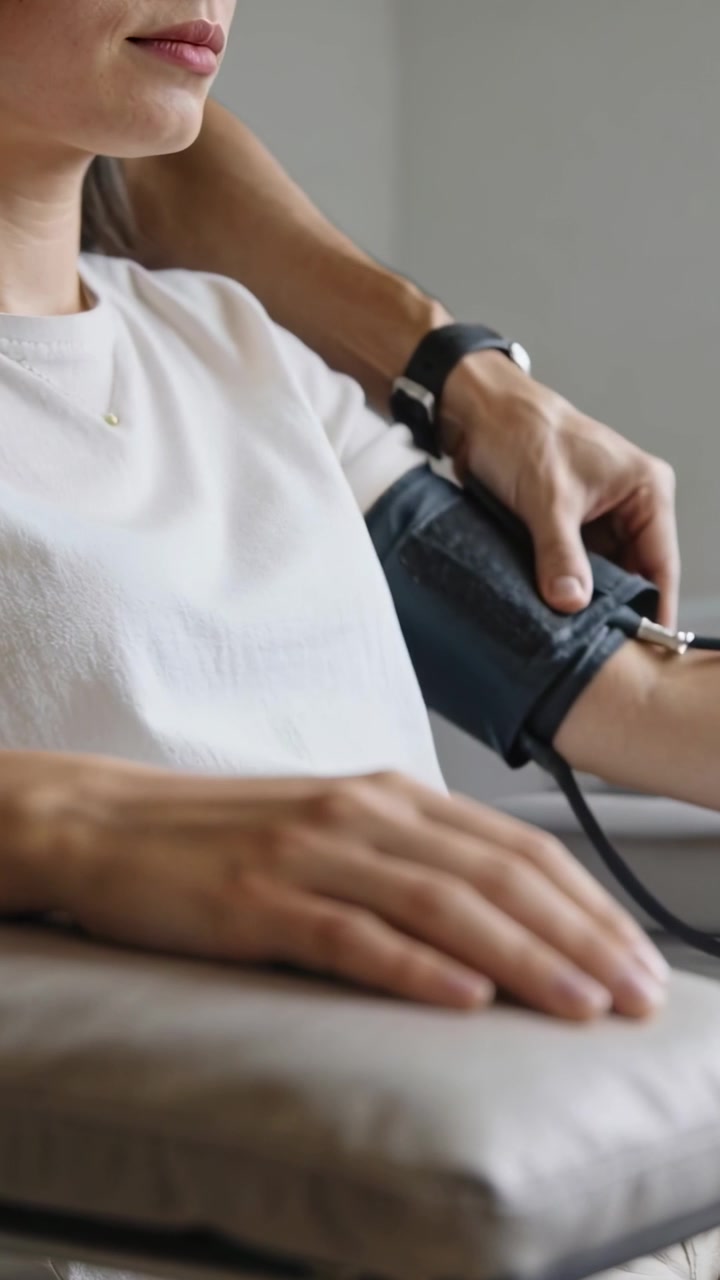 Video verticale: Assistente che si allunga per fissare il bracciale per la pressione sanguigna sul paziente in sala d'esame per la misurazione