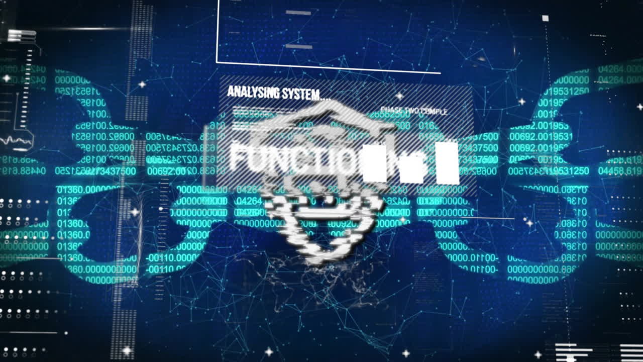 Analyzing system text and shield icon animation over digital data and graphs