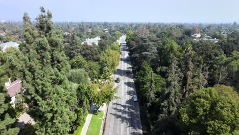 Sunny-peaceful-San-Marino-Los-Angeles-California-aerial-view-following-road-passing-palm-and-tall-trees