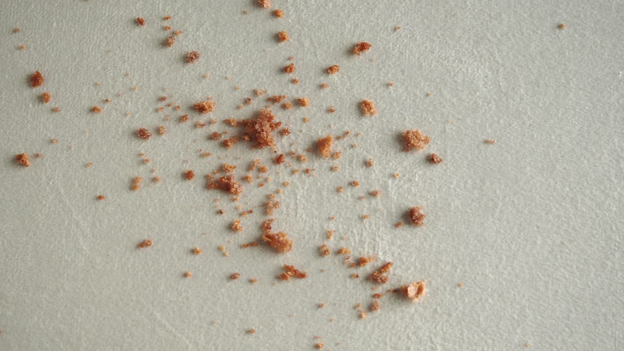 Crumbs on a light gray surface