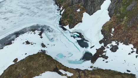 blavatnet lake partially frozen in norway during a hike in early spring, aerial view