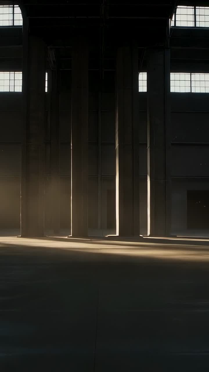 Vertical video: Shifting sun streaming through gaps between tall pillars in hall, revealing dust